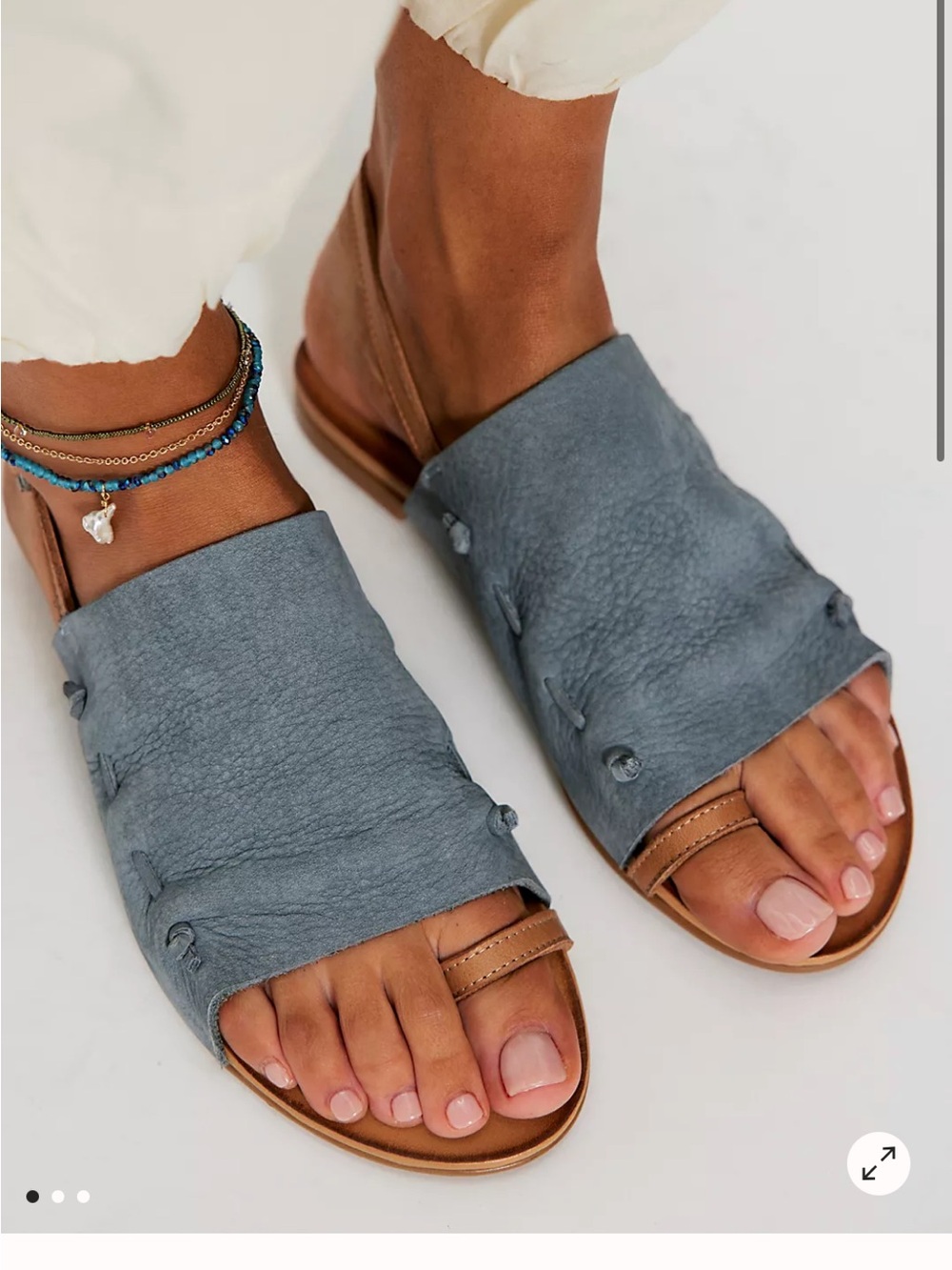 Women's Gray Blue Leather Open-Toe Slide Sandals